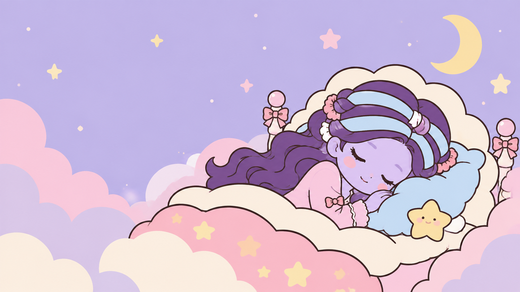 A lavender dreamer sleeping on pastel cloud pillows with flat comfort rods wrapped in her purple hair